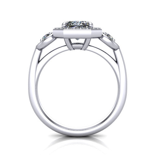 Wrenley emerald halo engagement ring in 14K White Gold, through-finger front profile showing the halo head above the polished shank and trellis gallery