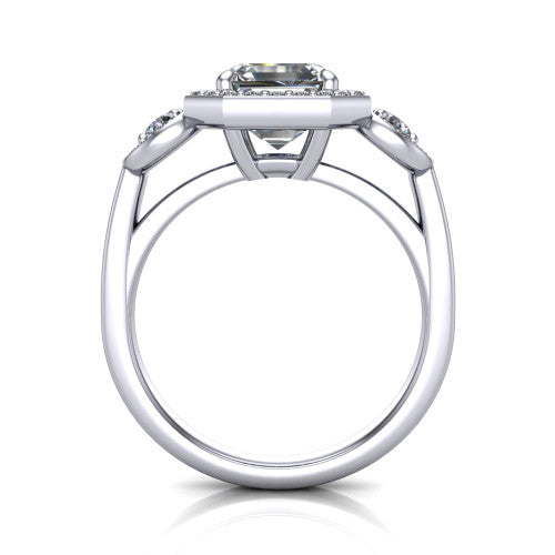 Wrenley asscher halo engagement ring in Platinum, through-finger front profile showing the halo head above the polished shank and trellis gallery