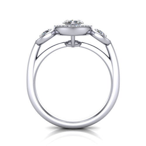 Wrenley marquise halo engagement ring in Platinum, through-finger front profile showing the halo head above the polished shank and trellis gallery