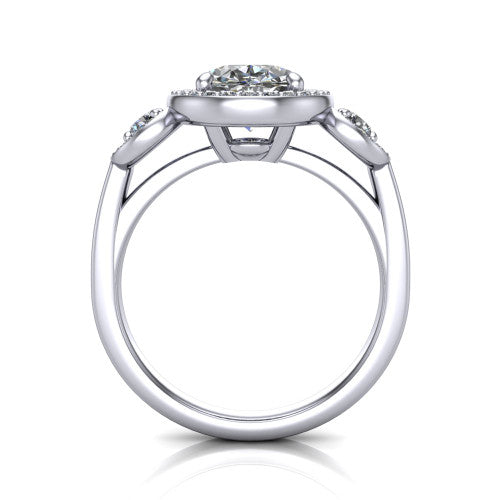 Wrenley oval halo engagement ring in 14K White Gold, through-finger front profile showing the halo head above the polished shank and trellis gallery