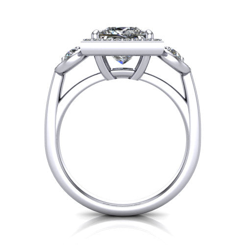 Wrenley princess halo engagement ring in 14K White Gold, through-finger front profile showing the halo head above the polished shank and trellis gallery
