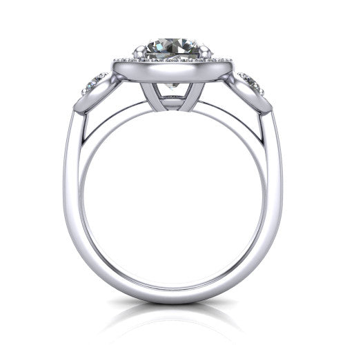 Wrenley round halo engagement ring in 14K White Gold, through-finger front profile showing the halo head above the polished shank and trellis gallery