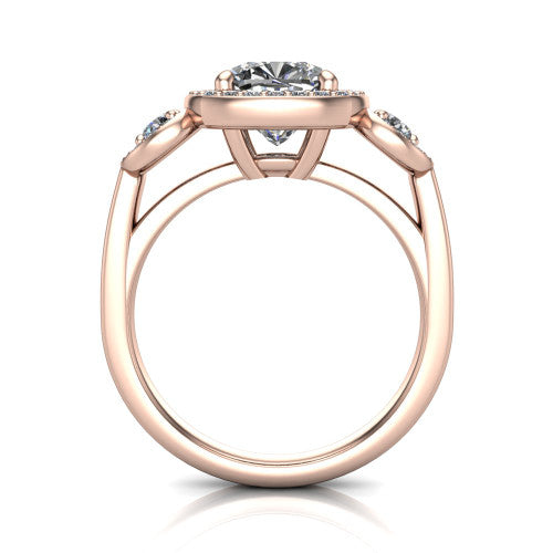 Wrenley cushion three stone engagement ring in 18K Rose Gold, through-finger front profile showing the three-stone halo head above the polished shank and trellis gallery