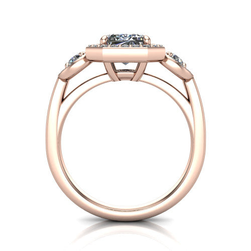 Wrenley emerald halo engagement ring in 18K Rose Gold, through-finger front profile showing the halo head above the polished shank and trellis gallery