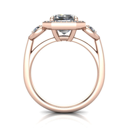 Wrenley asscher halo engagement ring in 14K Rose Gold, through-finger front profile showing the halo head above the polished shank and trellis gallery