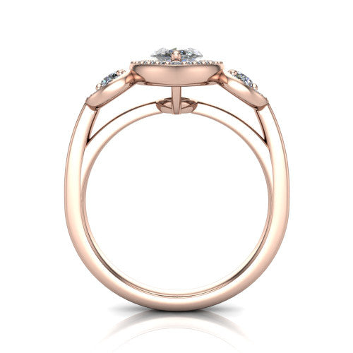 Wrenley marquise halo engagement ring in 18K Rose Gold, through-finger front profile showing the halo head above the polished shank and trellis gallery