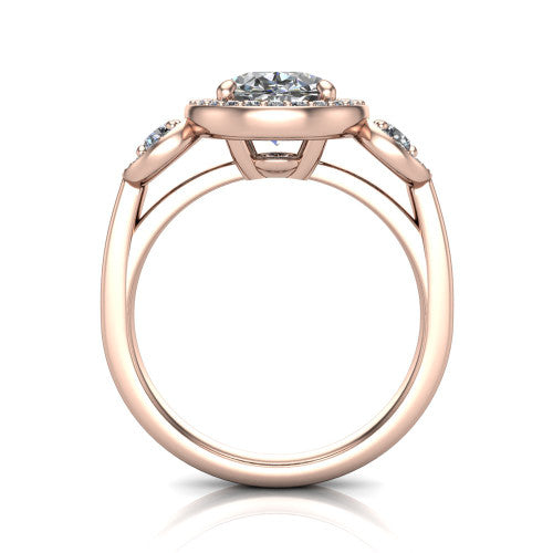 Wrenley oval halo engagement ring in 14K Rose Gold, through-finger front profile showing the halo head above the polished shank and trellis gallery