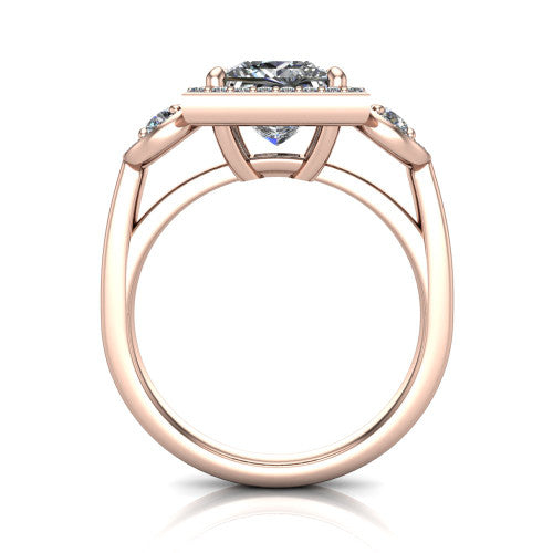 Wrenley princess halo engagement ring in 14K Rose Gold, through-finger front profile showing the halo head above the polished shank and trellis gallery