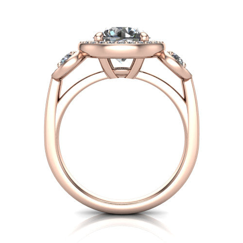 Wrenley round halo engagement ring in 14K Rose Gold, through-finger front profile showing the halo head above the polished shank and trellis gallery