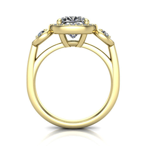 Wrenley cushion three stone engagement ring in 18K Yellow Gold, through-finger front profile showing the three-stone halo head above the polished shank and trellis gallery