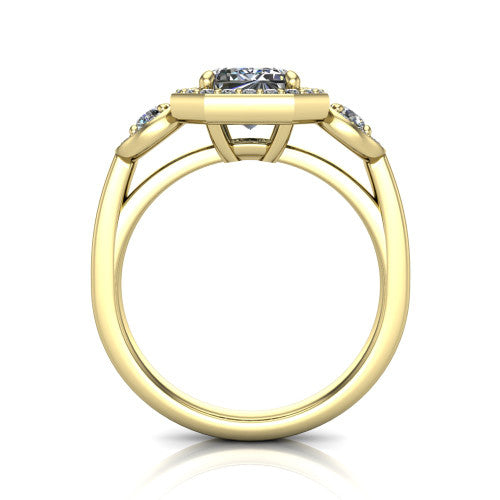 Wrenley emerald halo engagement ring in 14K Yellow Gold, through-finger front profile showing the halo head above the polished shank and trellis gallery