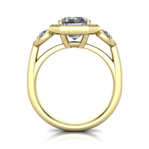 Wrenley asscher halo engagement ring in 18K Yellow Gold, through-finger front profile showing the halo head above the polished shank and trellis gallery