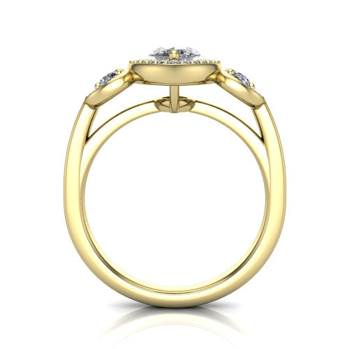Wrenley marquise halo engagement ring in 18K Yellow Gold, through-finger front profile showing the halo head above the polished shank and trellis gallery