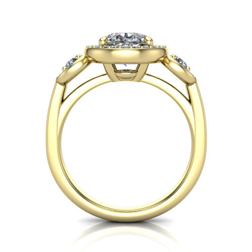 Wrenley oval halo engagement ring in 14K Yellow Gold, through-finger front profile showing the halo head above the polished shank and trellis gallery