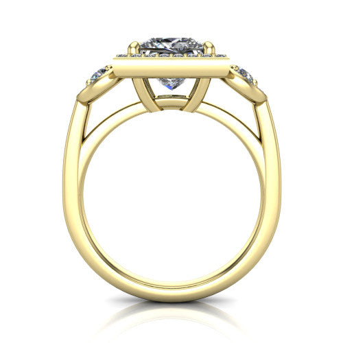Wrenley princess halo engagement ring in 18K Yellow Gold, through-finger front profile showing the halo head above the polished shank and trellis gallery