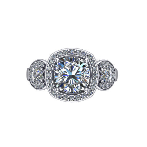 Wrenley cushion three stone engagement ring in 18K White Gold, top-down view showing the square halo center flanked by two round haloed side stones