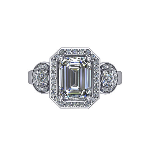 Wrenley emerald halo engagement ring in 14K White Gold, top-down view showing the center diamond framed by a pav&eacute; halo