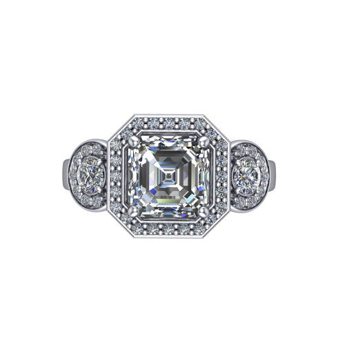 Wrenley asscher halo engagement ring in 18K White Gold, top-down view showing the center diamond framed by a pav&eacute; halo