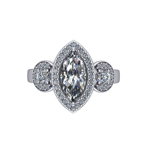 Wrenley marquise halo engagement ring in 18K White Gold, top-down view showing the center diamond framed by a pav&eacute; halo
