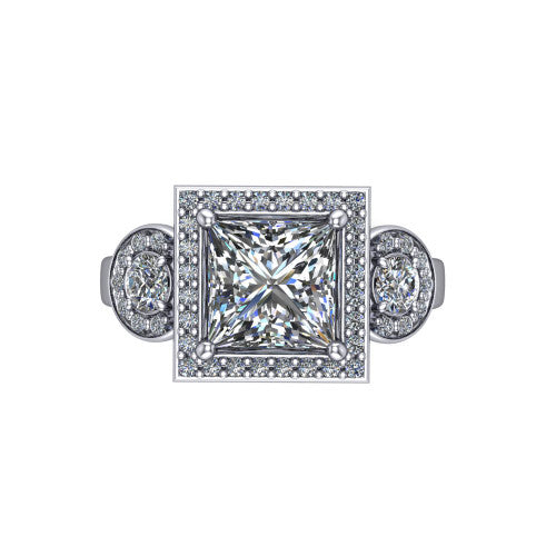 Wrenley princess halo engagement ring in 18K White Gold, top-down view showing the center diamond framed by a pav&eacute; halo