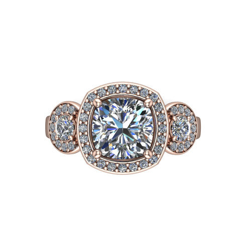 Wrenley cushion three stone engagement ring in 14K Rose Gold, top-down view showing the square halo center flanked by two round haloed side stones