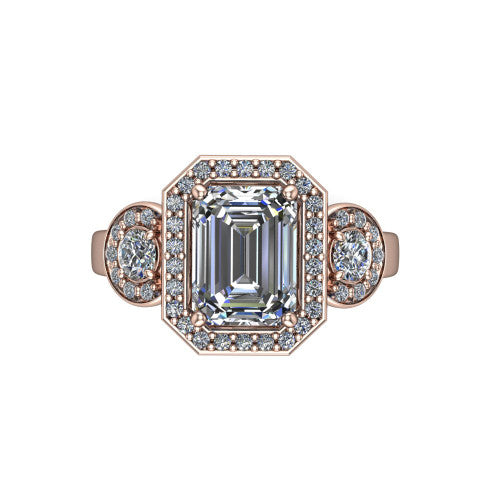 Wrenley emerald halo engagement ring in 14K Rose Gold, top-down view showing the center diamond framed by a pav&eacute; halo