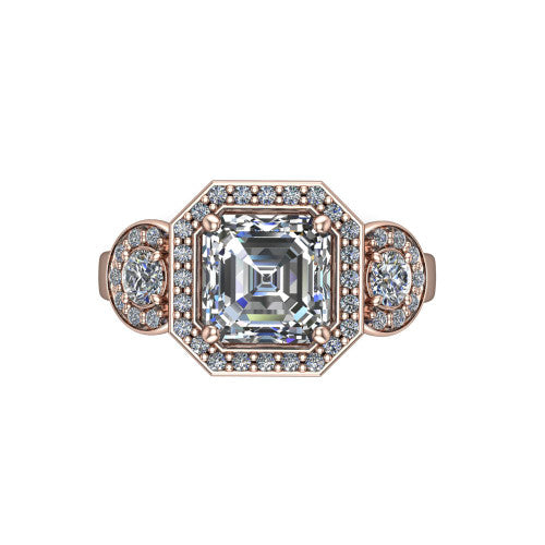 Wrenley asscher halo engagement ring in 14K Rose Gold, top-down view showing the center diamond framed by a pav&eacute; halo