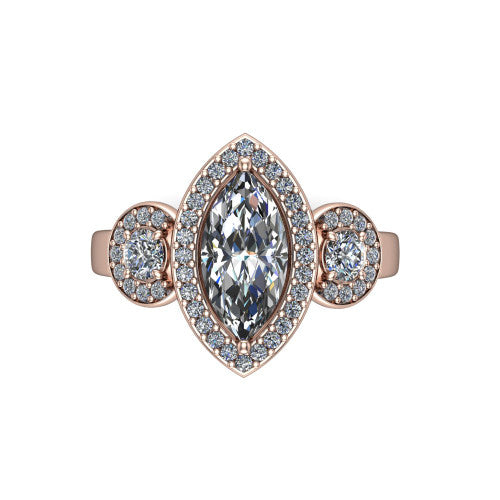 Wrenley marquise halo engagement ring in 18K Rose Gold, top-down view showing the center diamond framed by a pav&eacute; halo