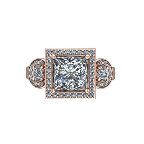 Wrenley princess halo engagement ring in 14K Rose Gold, top-down view showing the center diamond framed by a pav&eacute; halo