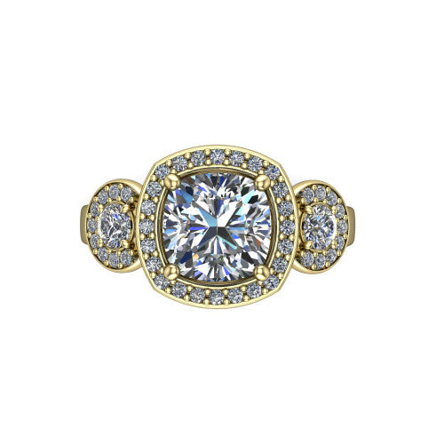 Wrenley cushion three stone engagement ring in 14K Yellow Gold, top-down view showing the square halo center flanked by two round haloed side stones