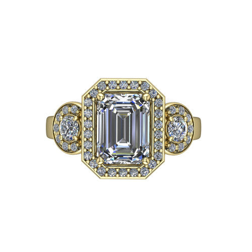 Wrenley emerald halo engagement ring in 18K Yellow Gold, top-down view showing the center diamond framed by a pav&eacute; halo