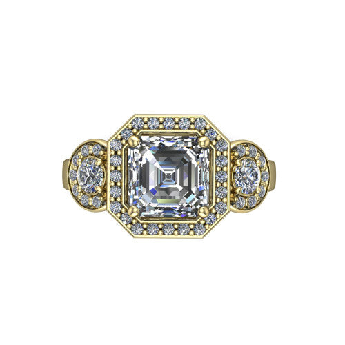 Wrenley asscher halo engagement ring in 14K Yellow Gold, top-down view showing the center diamond framed by a pav&eacute; halo