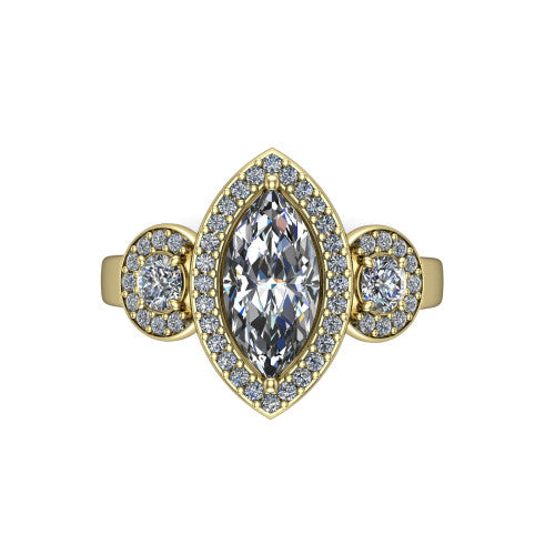 Wrenley marquise halo engagement ring in 14K Yellow Gold, top-down view showing the center diamond framed by a pav&eacute; halo