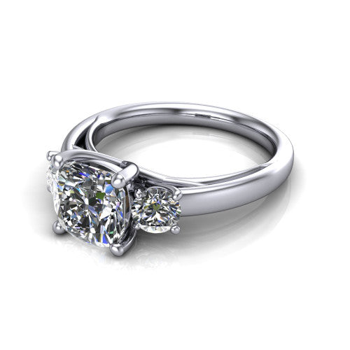 Alyssa cushion classic engagement ring in 18K White Gold, three-quarter perspective showing the center diamond between two round side stones on a slim polished band
