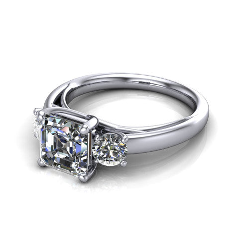 Alyssa asscher classic engagement ring in 18K White Gold, three-quarter perspective showing the center diamond between two round side stones on a slim polished band