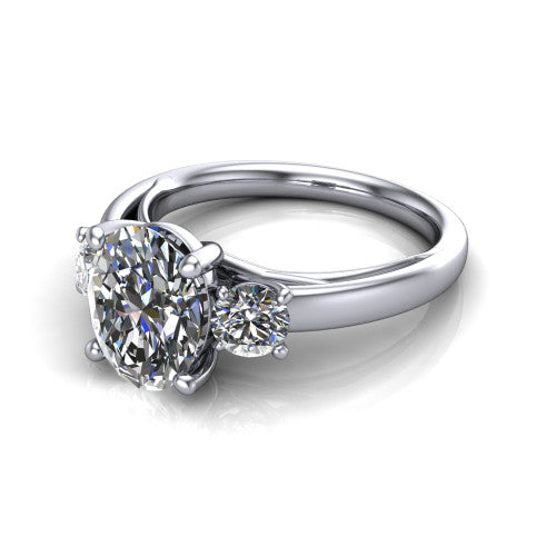 Alyssa oval classic engagement ring in 14K White Gold, three-quarter perspective showing the center diamond between two round side stones on a slim polished band