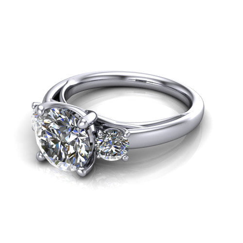 Alyssa round classic engagement ring in 14K White Gold, three-quarter perspective showing the center diamond between two round side stones on a slim polished band