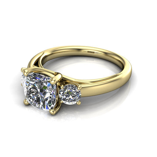 Alyssa cushion classic engagement ring in 18K Yellow Gold, three-quarter perspective showing the center diamond between two round side stones on a slim polished band