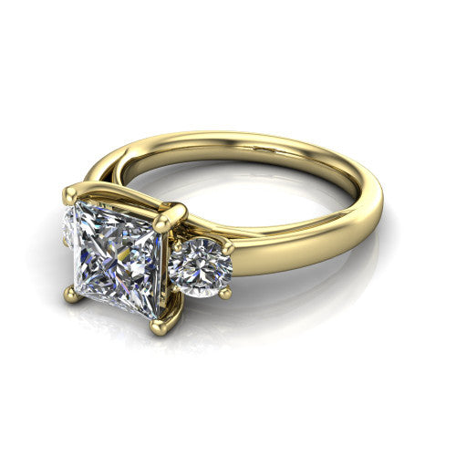 Alyssa princess classic engagement ring in 14K Yellow Gold, three-quarter perspective showing the center diamond between two round side stones on a slim polished band