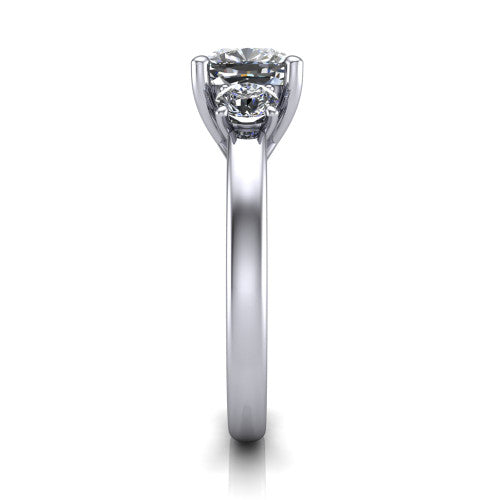 Alyssa cushion classic engagement ring in 14K White Gold, side profile showing the round side stone and the smooth tapered polished band