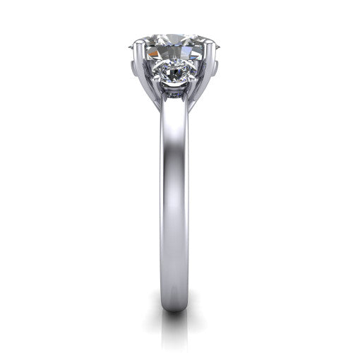 Alyssa oval classic engagement ring in 14K White Gold, side profile showing the round side stone and the smooth tapered polished band