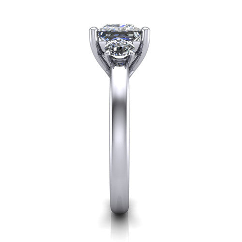 Alyssa princess classic engagement ring in 14K White Gold, side profile showing the round side stone and the smooth tapered polished band