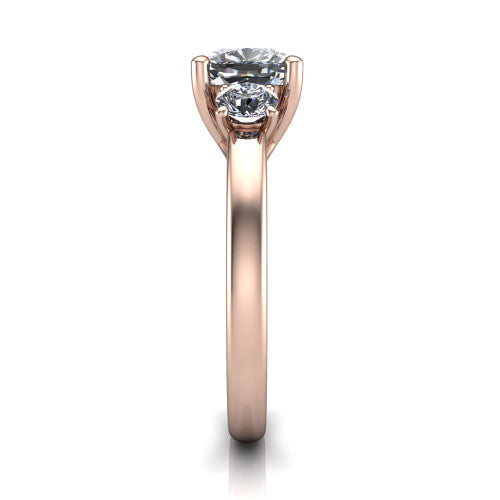 Alyssa cushion classic engagement ring in 14K Rose Gold, side profile showing the round side stone and the smooth tapered polished band