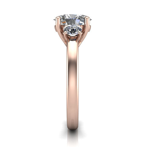 Alyssa oval classic engagement ring in 18K Rose Gold, side profile showing the round side stone and the smooth tapered polished band