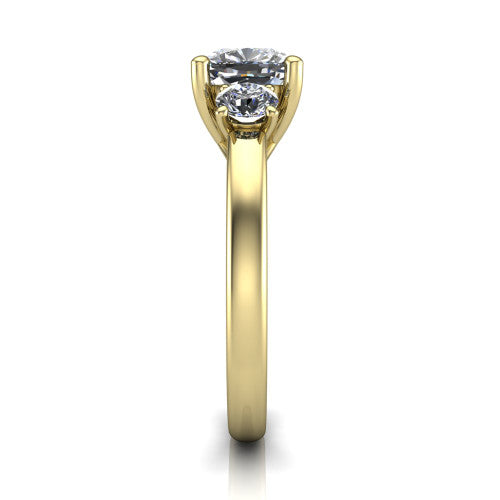Alyssa cushion classic engagement ring in 14K Yellow Gold, side profile showing the round side stone and the smooth tapered polished band