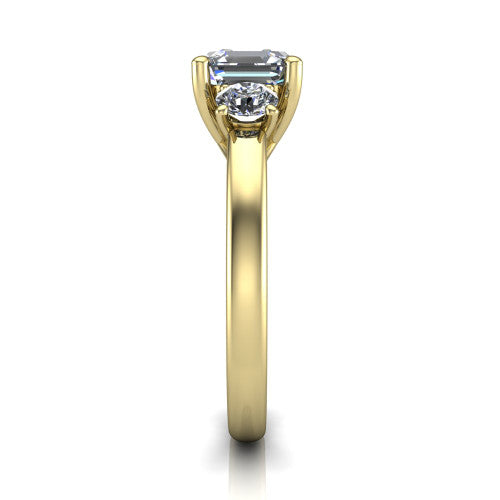 Alyssa asscher classic engagement ring in 14K Yellow Gold, side profile showing the round side stone and the smooth tapered polished band