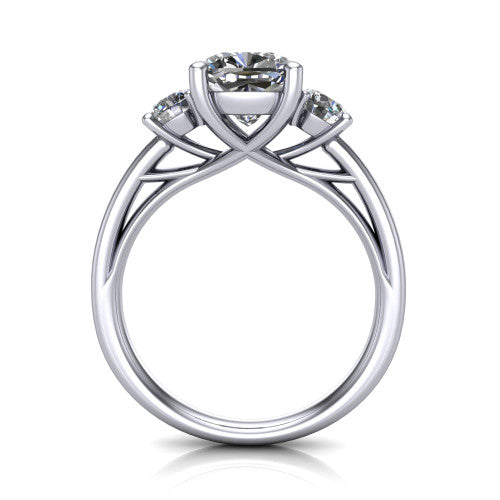 Alyssa cushion classic engagement ring in 18K White Gold, through-finger front profile showing the three-stone head raised above the slim polished shank and trellis gallery