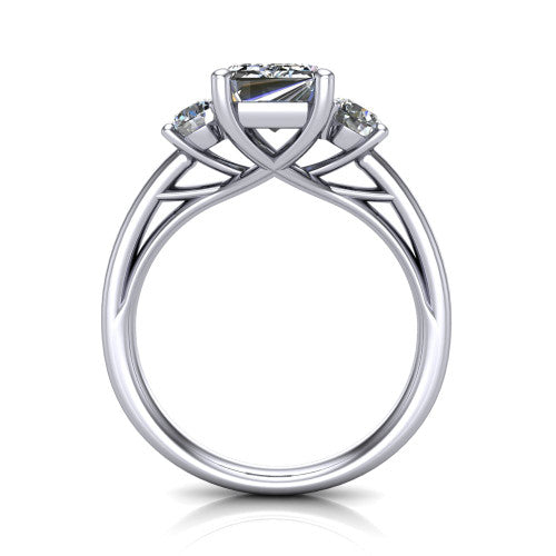 Alyssa emerald classic engagement ring in 18K White Gold, through-finger front profile showing the three-stone head raised above the slim polished shank and trellis gallery
