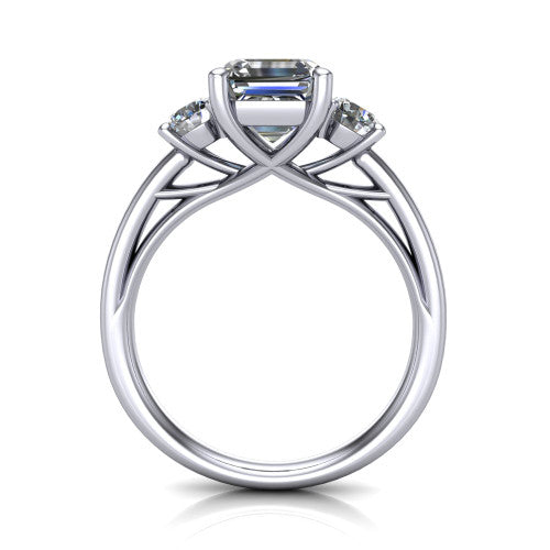 Alyssa asscher classic engagement ring in 14K White Gold, through-finger front profile showing the three-stone head raised above the slim polished shank and trellis gallery