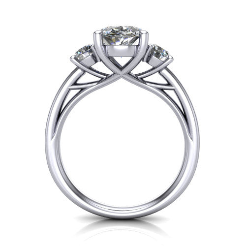 Alyssa oval classic engagement ring in 14K White Gold, through-finger front profile showing the three-stone head raised above the slim polished shank and trellis gallery